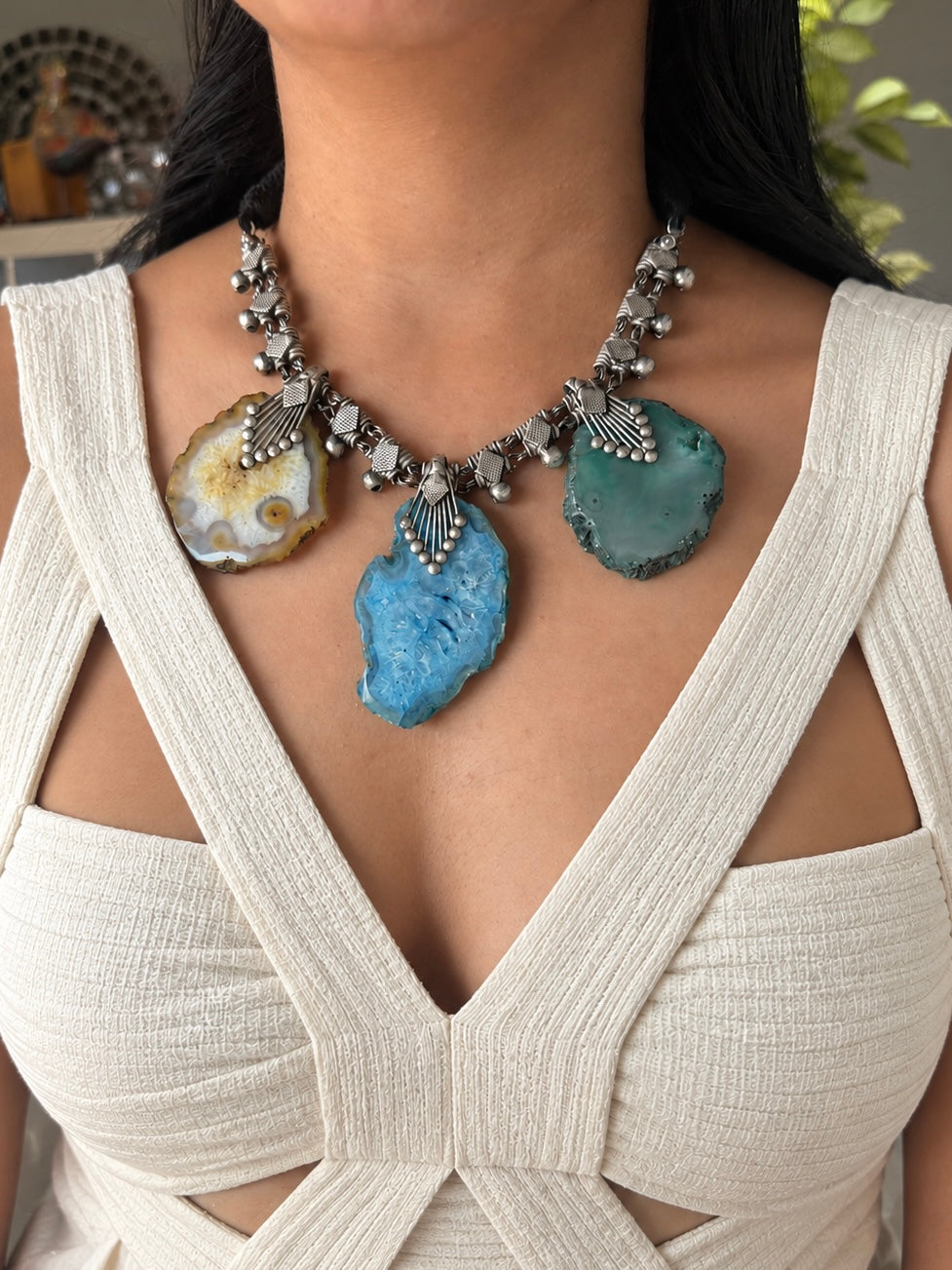 Raw Agate Slice Tribal Statement Necklace