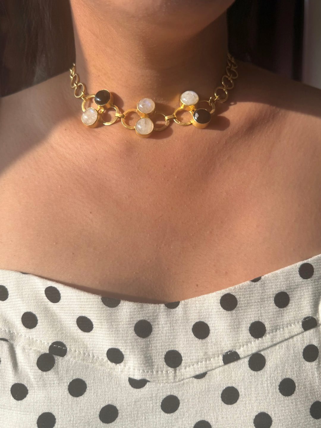 Handmade Moonstone & Black Onyx Statement Necklace | Gold Polish Brass Adjustable Necklace by SHIVKA