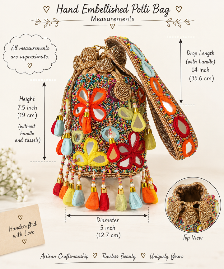Handmade Colorful Mirror Work Potli Bag | Detachable Handle Evening Purse | Boho Statement Clutch
