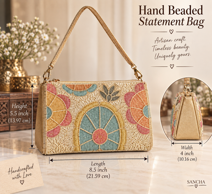 Handmade Pink Sky Blue & Ivory Beaded Purse | Elegant Embroidered Clutch | Detachable Strap