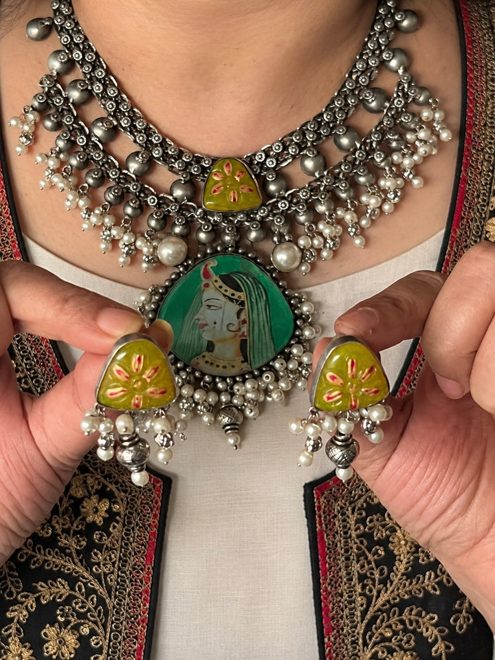 The Roopmati Necklace, Hand Painted Miniature Portrait Choker Set with Pearls