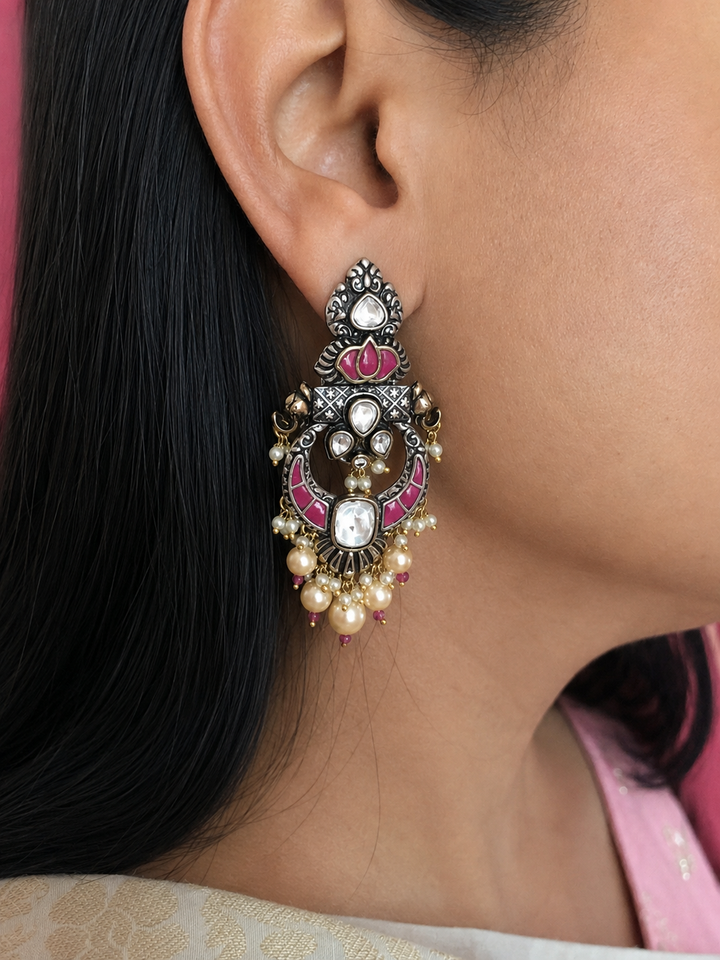 Handmade Kundan Indian Earrings, Silver Coated Brass