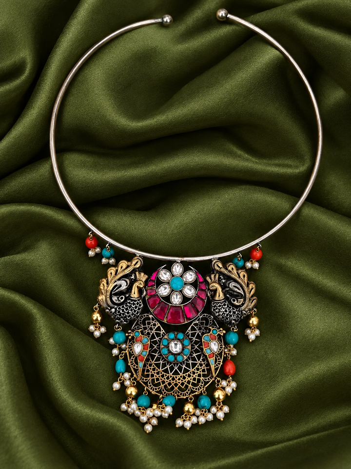 Royal Peacock Hasli Torque Necklace with Kundan & Turquoise