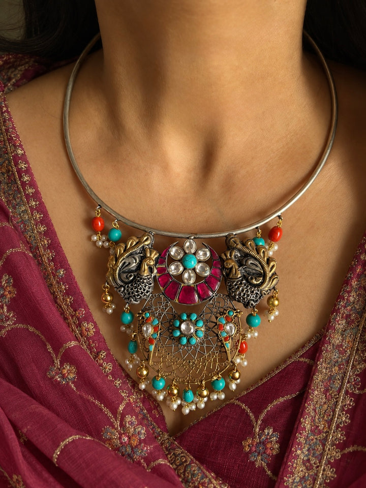 Royal Peacock Hasli Torque Necklace with Kundan & Turquoise