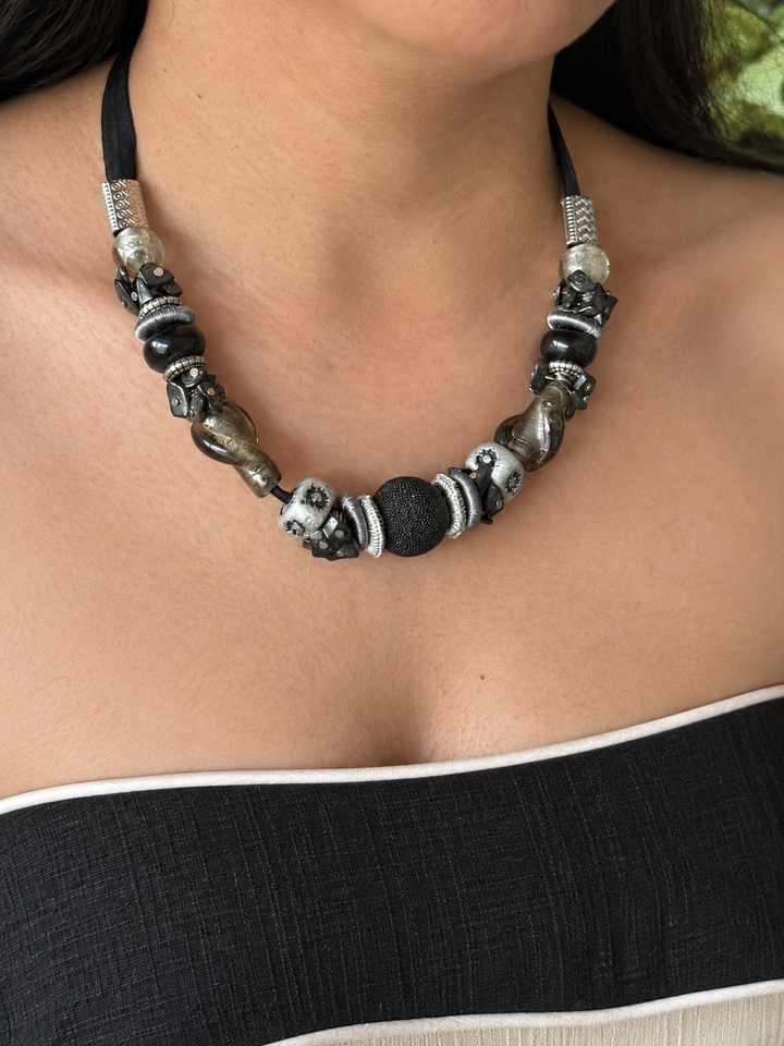 Handmade Black Velvet Tie Choker with Charms, Adjustable Art Bead Statement Collar Necklace