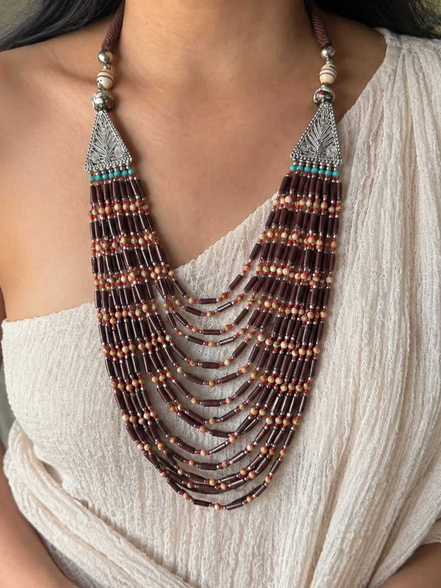 The Tribal Cascade, Handmade Fourteen Layer Beaded Necklace with Silver End Caps