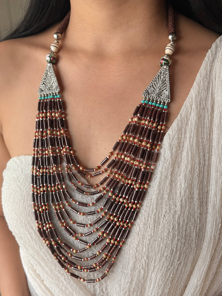 The Tribal Cascade, Handmade Fourteen Layer Beaded Necklace with Silver End Caps