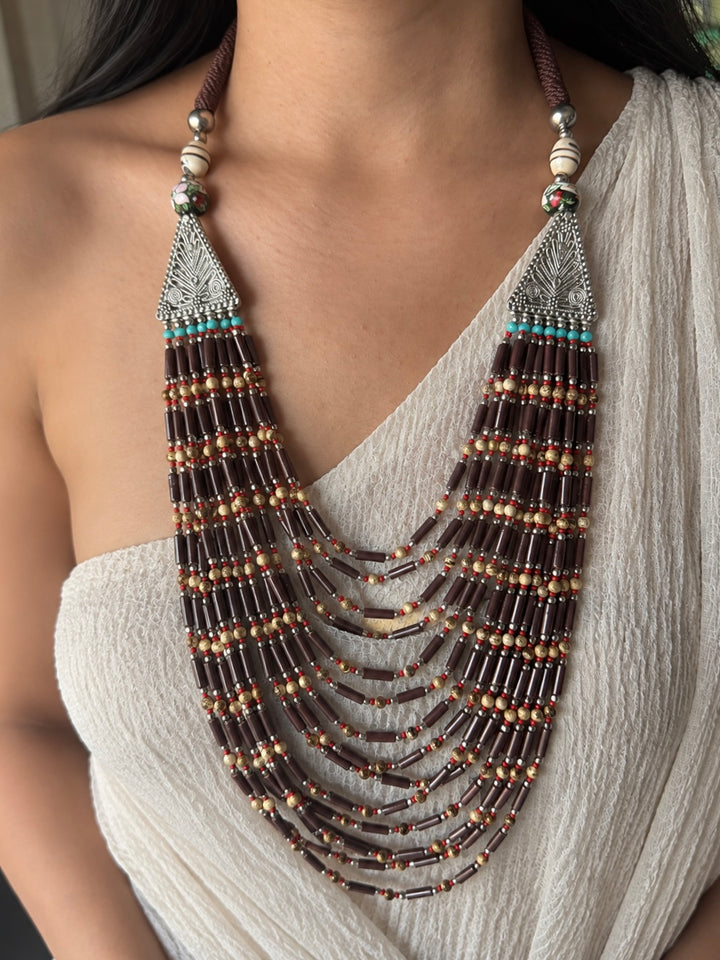 The Tribal Cascade, Handmade Fourteen Layer Beaded Necklace with Silver End Caps