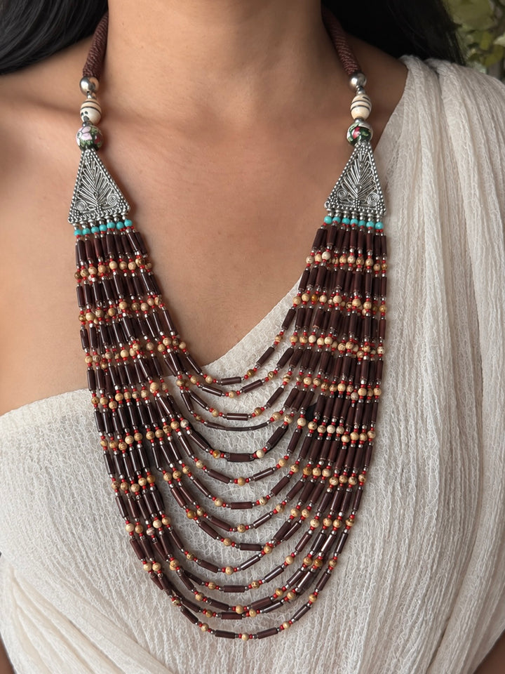 The Tribal Cascade, Handmade Fourteen Layer Beaded Necklace with Silver End Caps