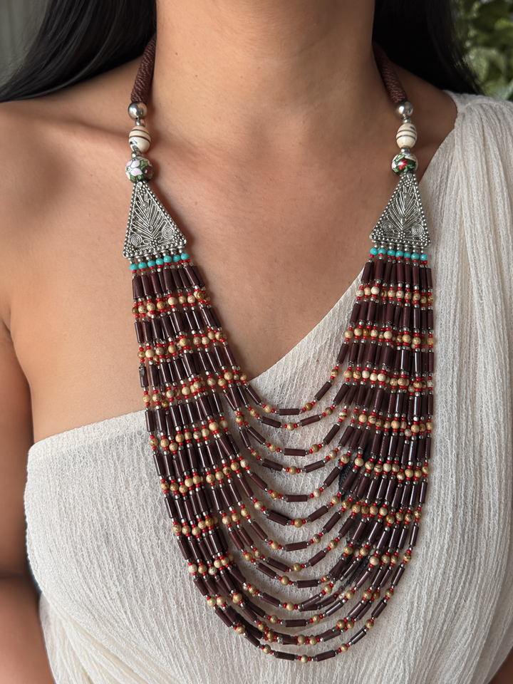 The Tribal Cascade, Handmade Fourteen Layer Beaded Necklace with Silver End Caps