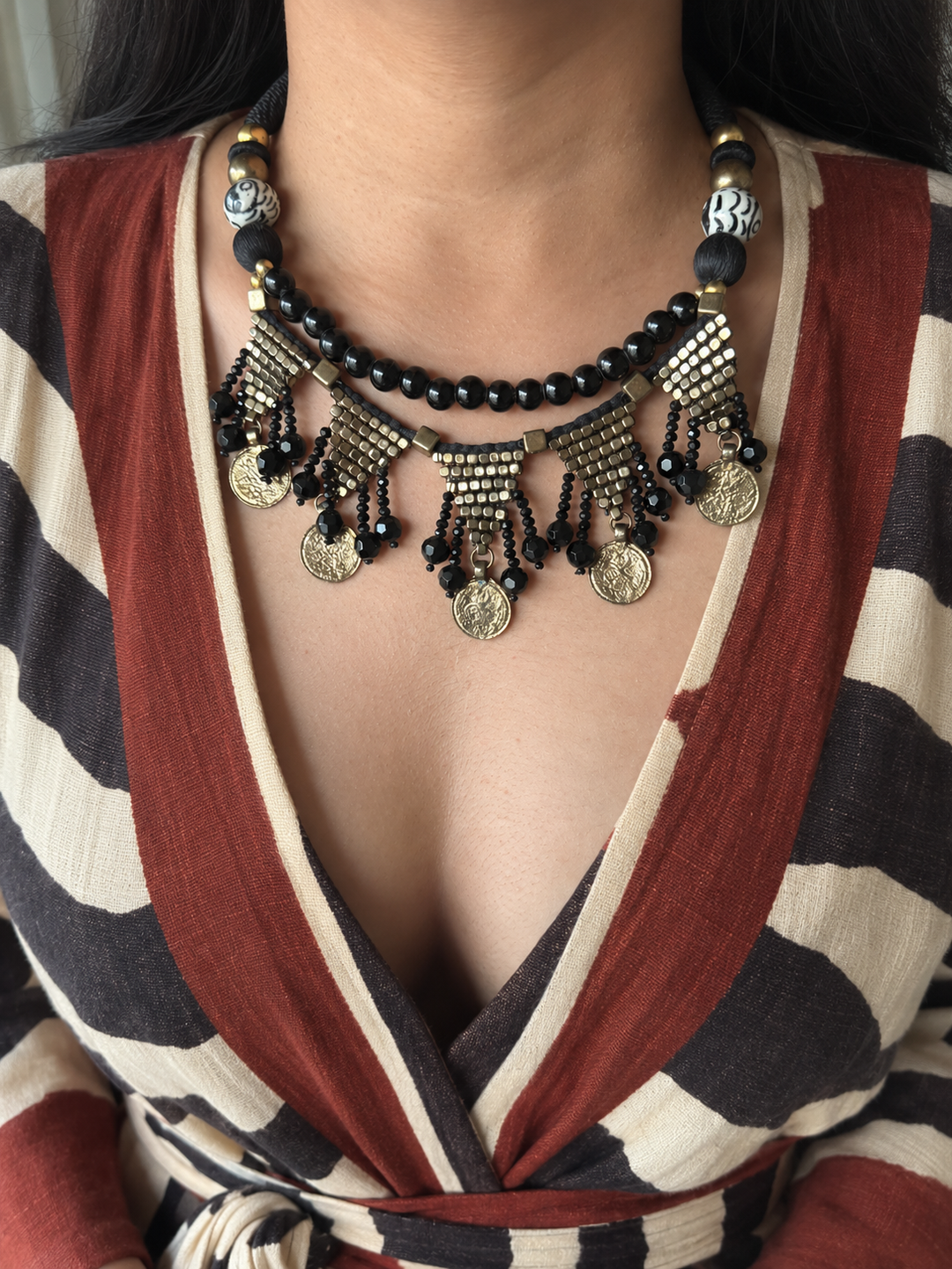 The Banjara Coin Choker, Antique Gold & Black Beaded Tribal Collar Necklace