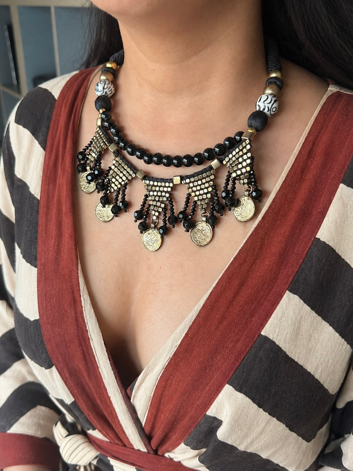 The Banjara Coin Choker, Antique Gold & Black Beaded Tribal Collar Necklace