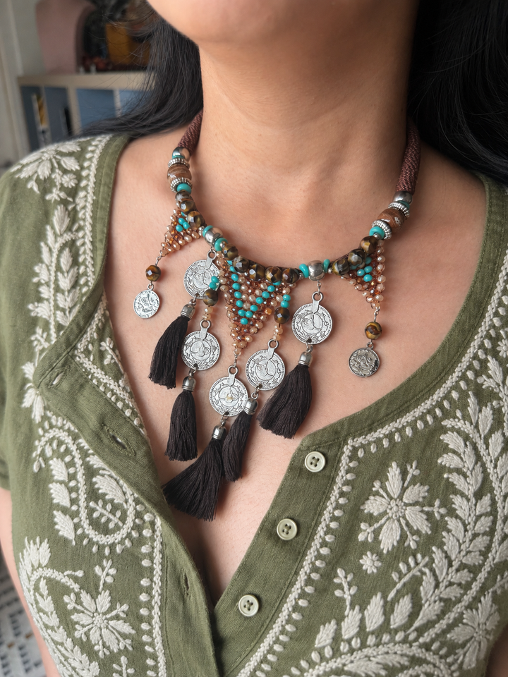 Tribal Coin Brown Tassel Necklace with Turquoise & Gold Beads