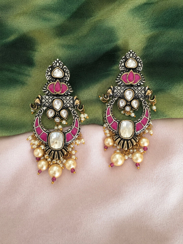 Handmade Kundan Indian Earrings, Silver Coated Brass
