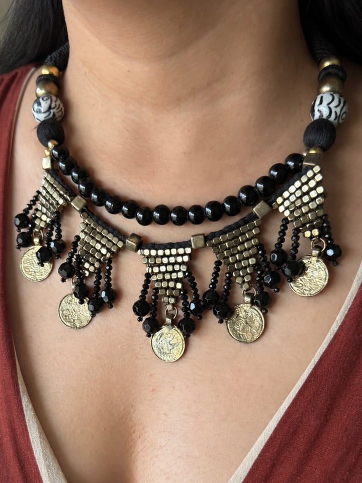 The Banjara Coin Choker, Antique Gold & Black Beaded Tribal Collar Necklace