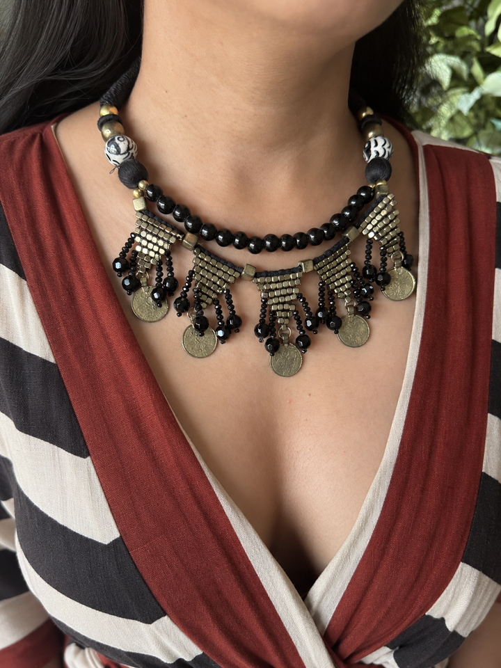 The Banjara Coin Choker, Antique Gold & Black Beaded Tribal Collar Necklace