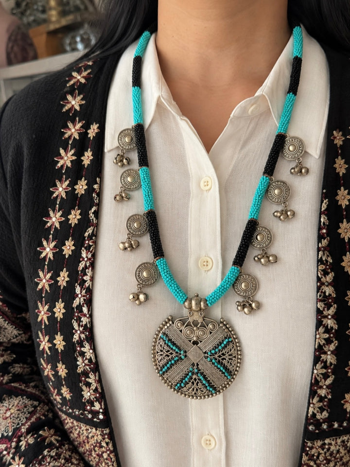 The Zohra Necklace, Black and Turquoise Beaded Tribal Statement Necklace