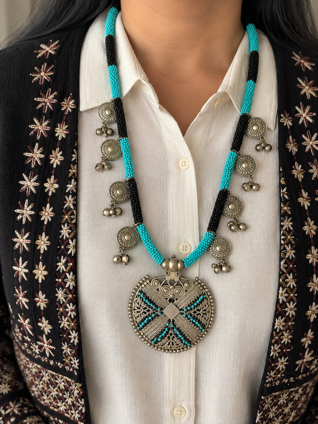 The Zohra Necklace, Black and Turquoise Beaded Tribal Statement Necklace