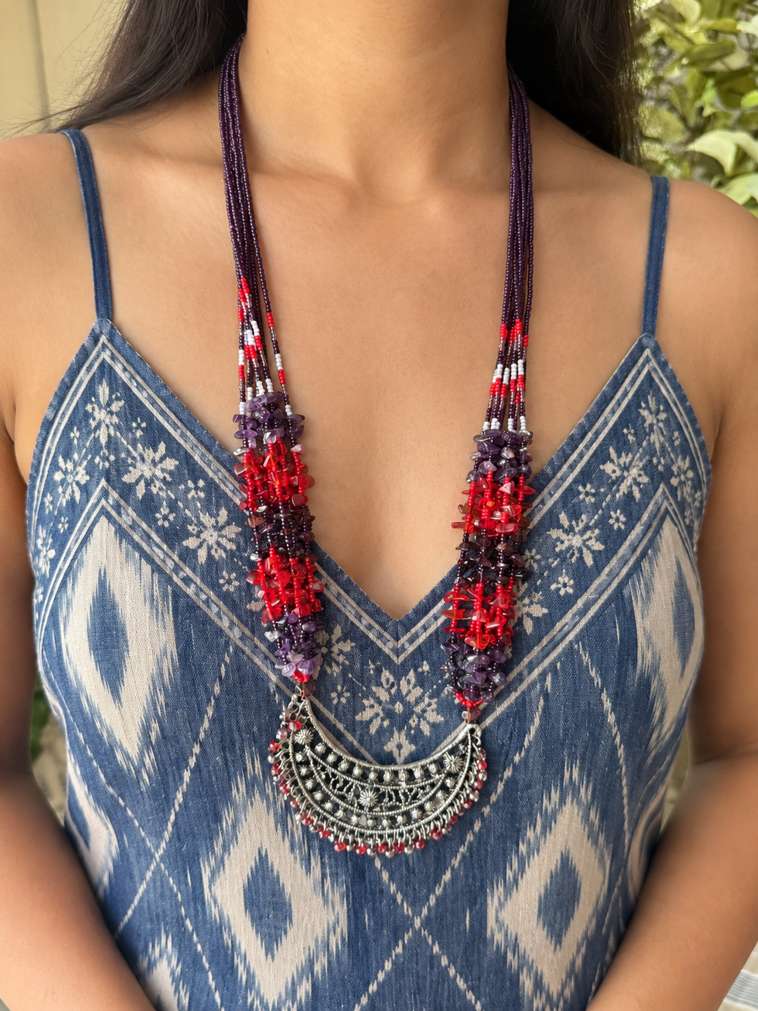The Chandrika Necklace, Purple & Red Beaded Tribal Crescent Pendant Necklace