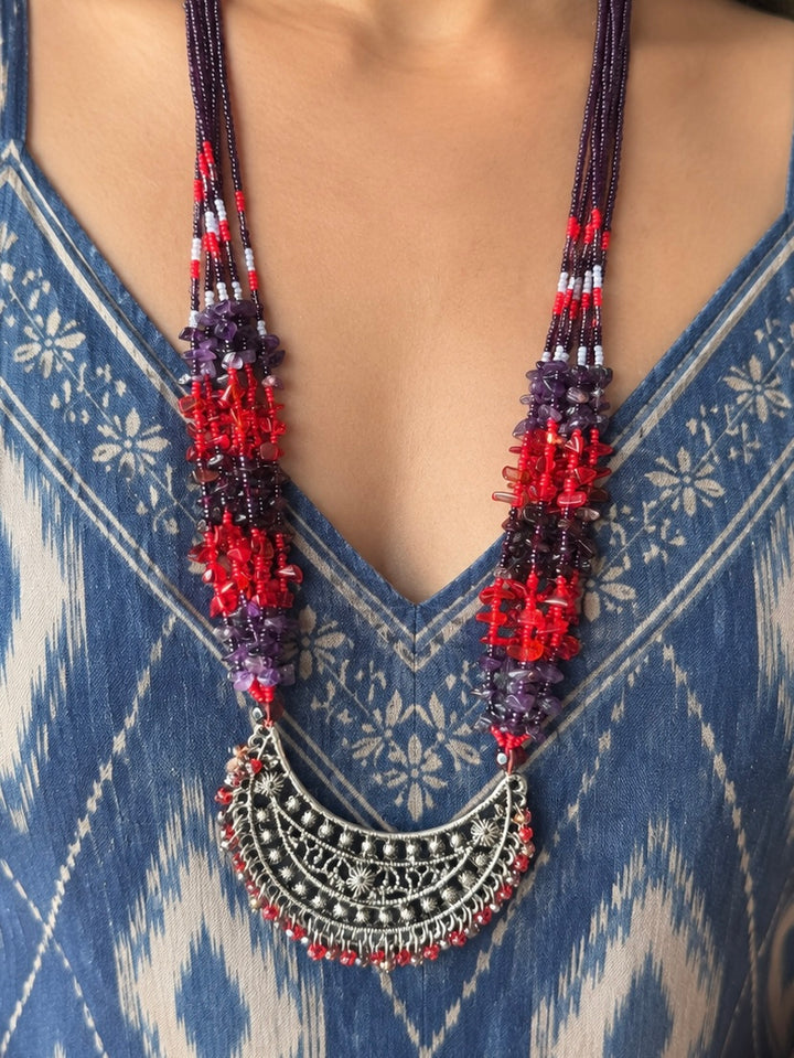 The Chandrika Necklace, Purple & Red Beaded Tribal Crescent Pendant Necklace