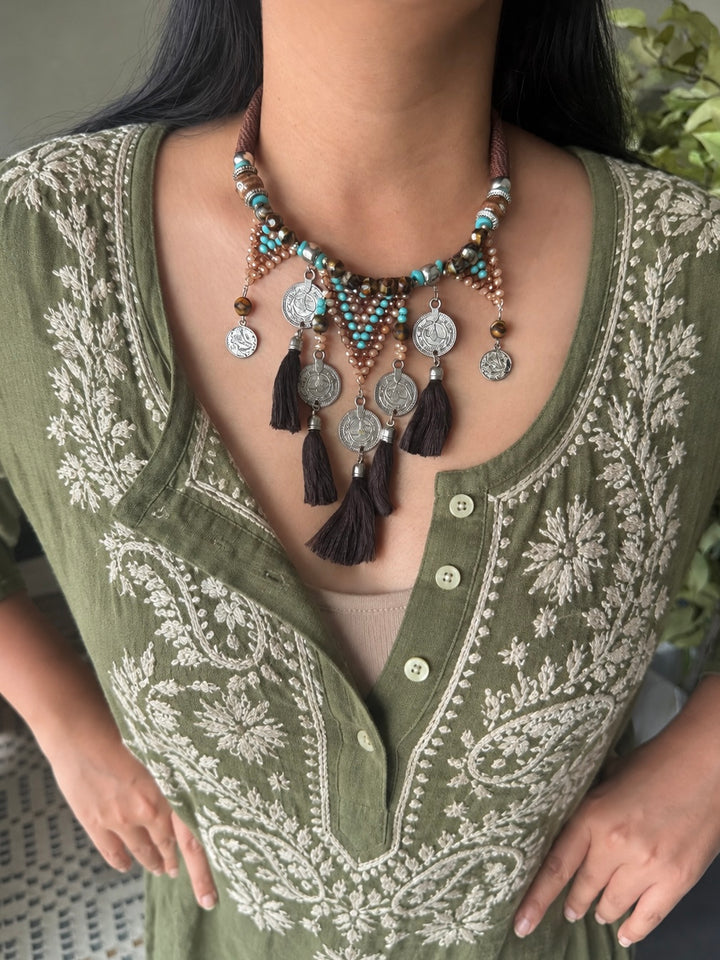 Tribal Coin Brown Tassel Necklace with Turquoise & Gold Beads