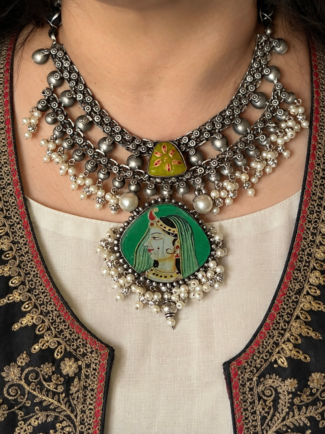 The Roopmati Necklace, Hand Painted Miniature Portrait Choker Set with Pearls