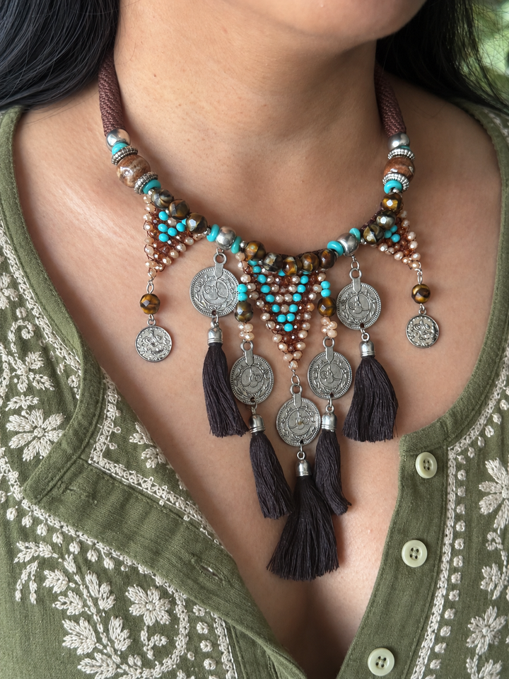 Tribal Coin Brown Tassel Necklace with Turquoise & Gold Beads