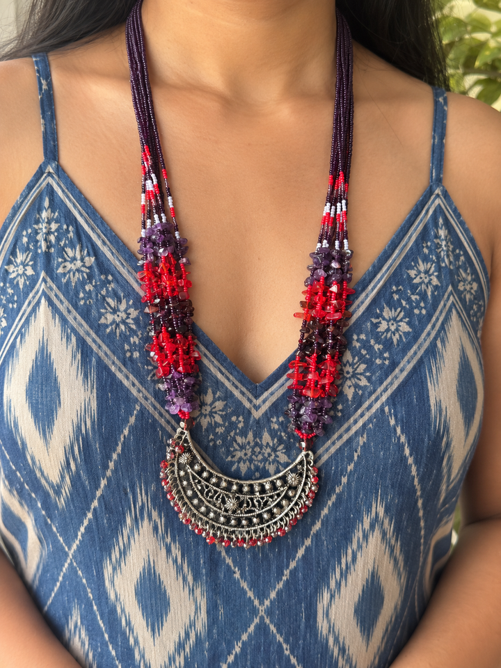 The Chandrika Necklace, Purple & Red Beaded Tribal Crescent Pendant Necklace
