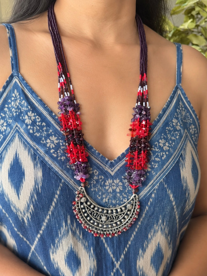 The Chandrika Necklace, Purple & Red Beaded Tribal Crescent Pendant Necklace