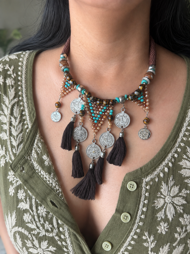 Tribal Coin Brown Tassel Necklace with Turquoise & Gold Beads