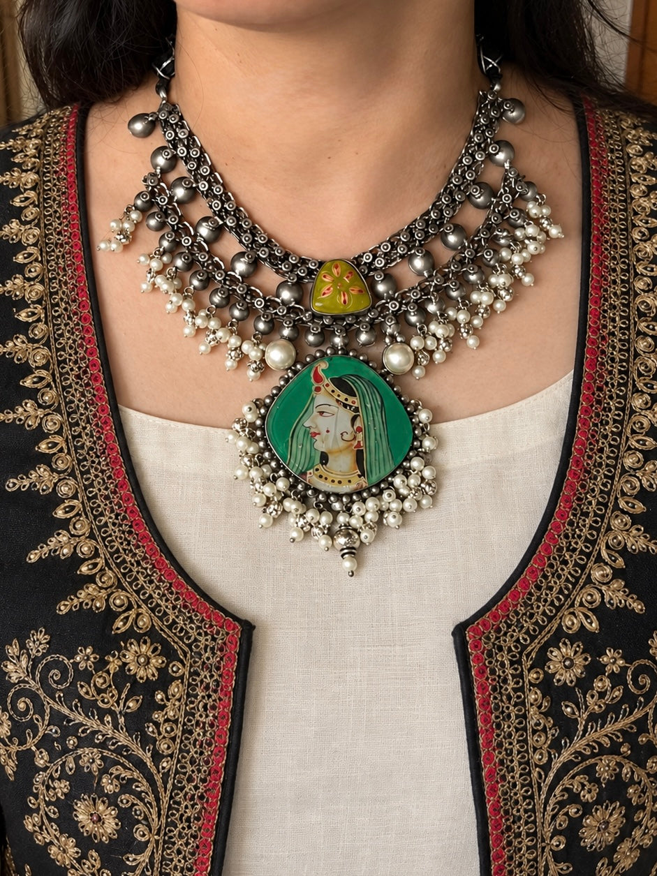 The Roopmati Necklace, Hand Painted Miniature Portrait Choker Set with Pearls