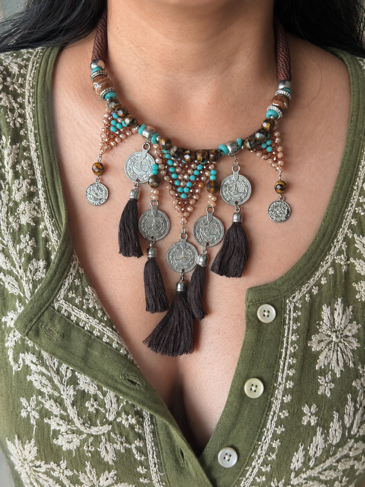 Tribal Coin Brown Tassel Necklace with Turquoise & Gold Beads
