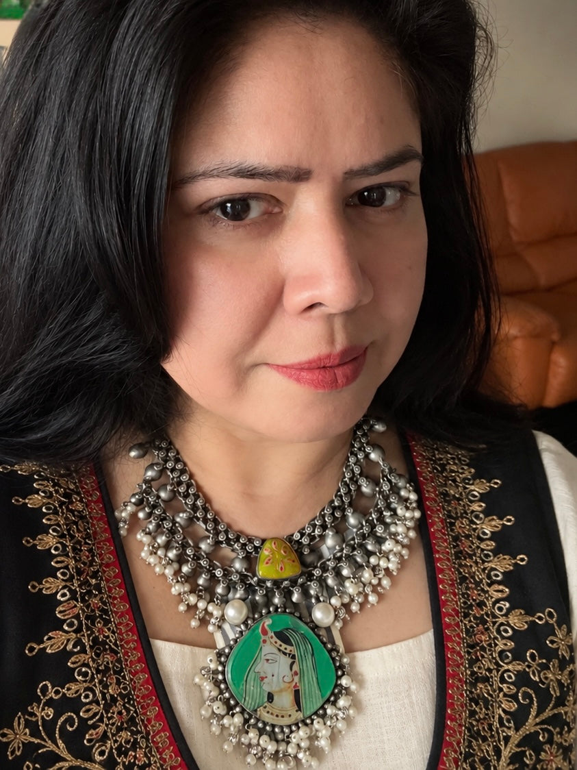 The Roopmati Necklace, Hand Painted Miniature Portrait Choker Set with Pearls