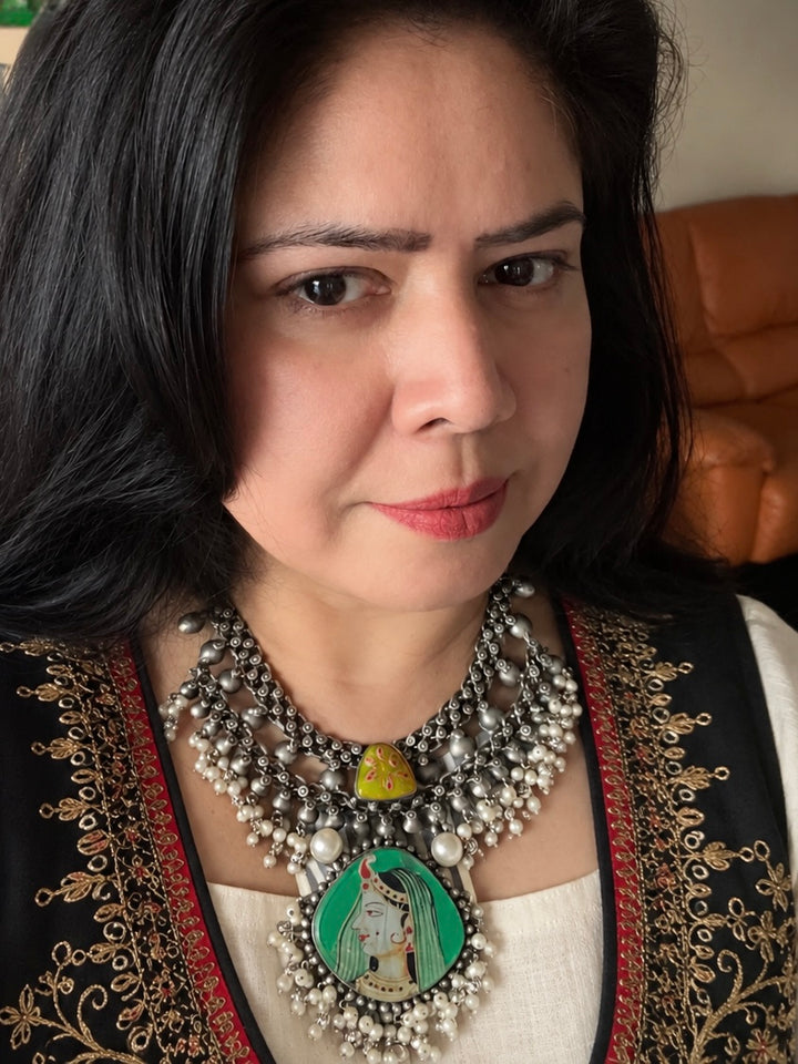 The Roopmati Necklace, Hand Painted Miniature Portrait Choker Set with Pearls
