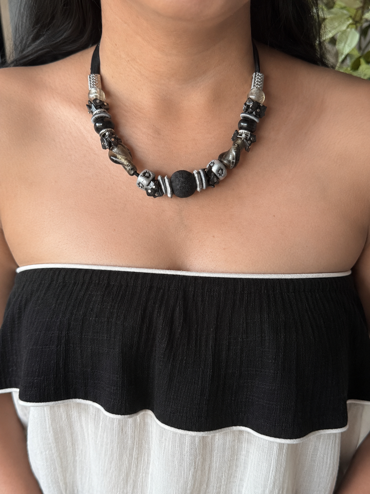 Handmade Black Velvet Tie Choker with Charms, Adjustable Art Bead Statement Collar Necklace