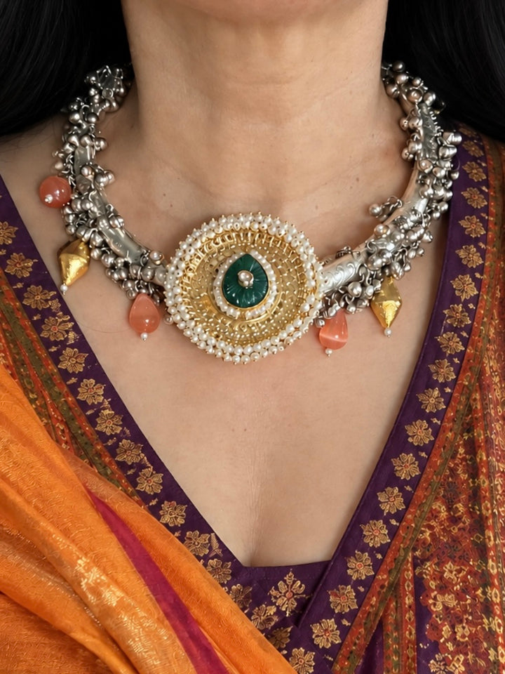 Dual-Tone Silver & Gold Hasli Choker Necklace with Sunburst Medallion
