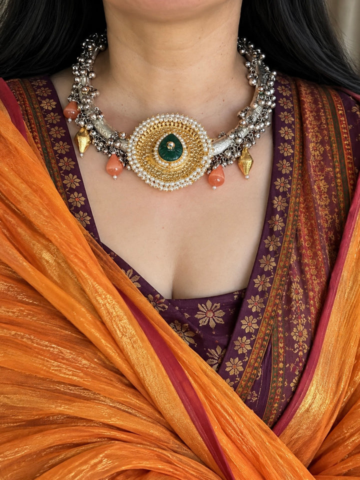 Dual-Tone Silver & Gold Hasli Choker Necklace with Sunburst Medallion