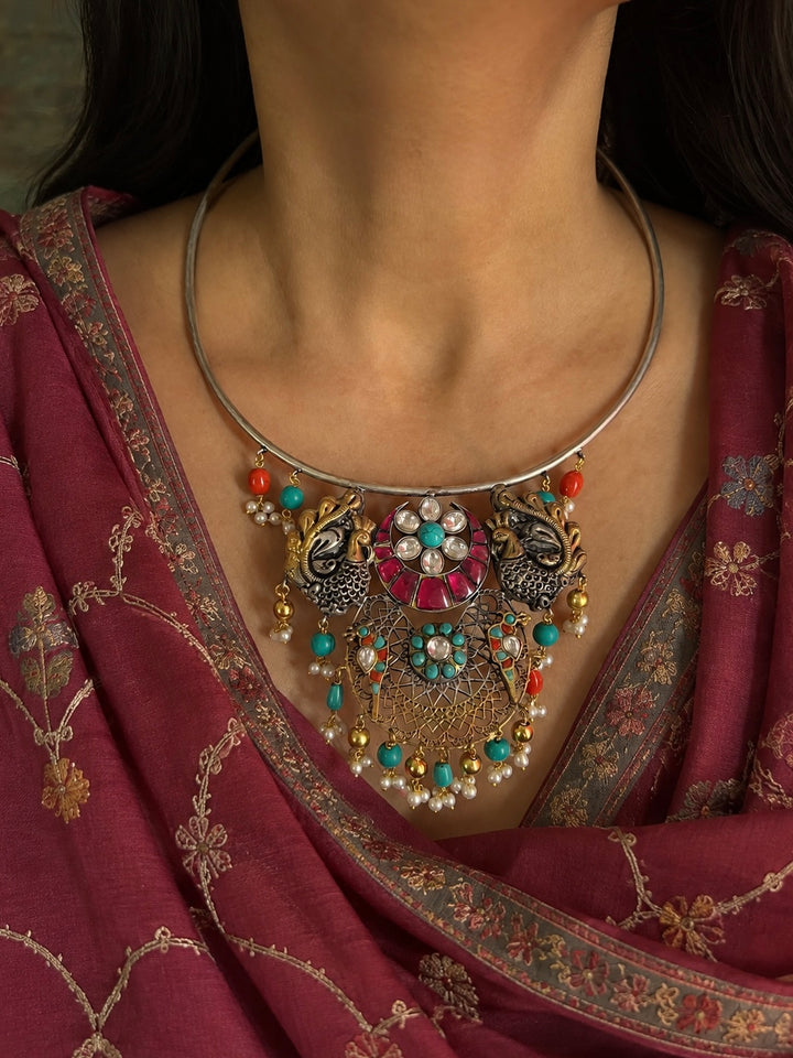 Royal Peacock Hasli Torque Necklace with Kundan & Turquoise