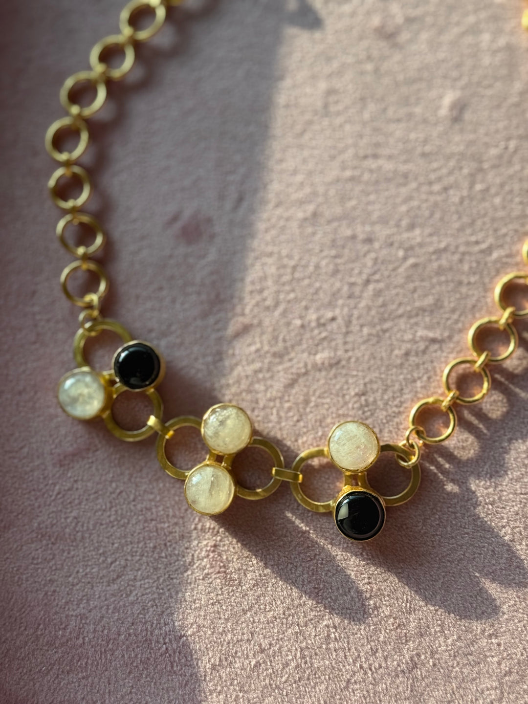Handmade Moonstone & Black Onyx Statement Necklace | Gold Polish Brass Adjustable Necklace by SHIVKA