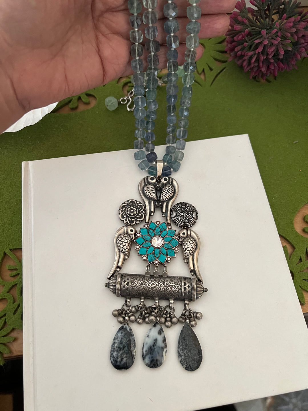 Exquisite Pure 925 Silver Pendant with Flourite Strings