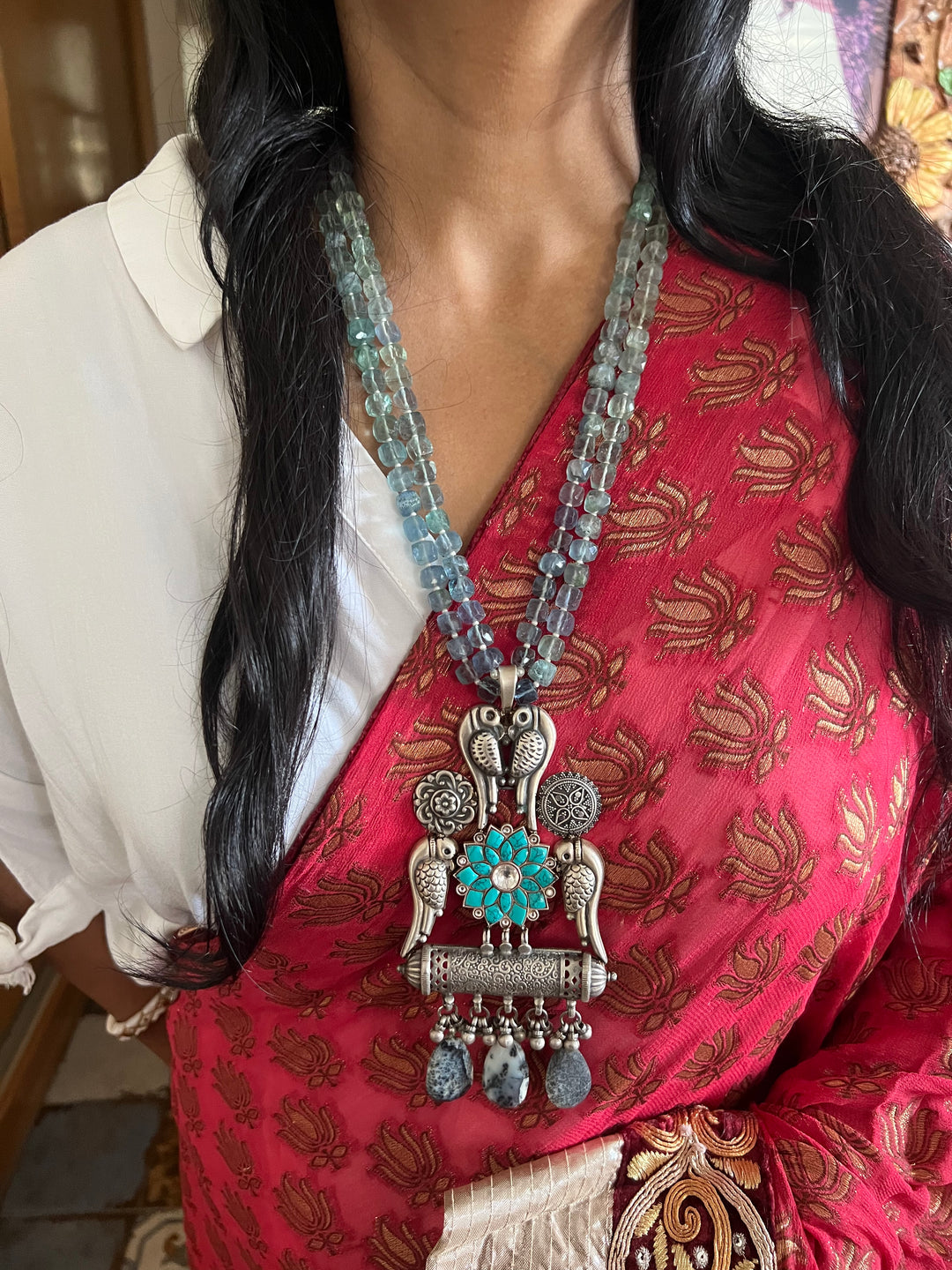 Exquisite Pure 925 Silver Pendant with Flourite Strings