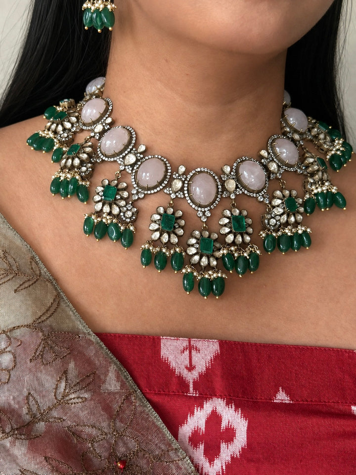 Handmade 925 Silver Polki Kundan Necklace Set | Rose Quartz & Emerald | SHIVKA