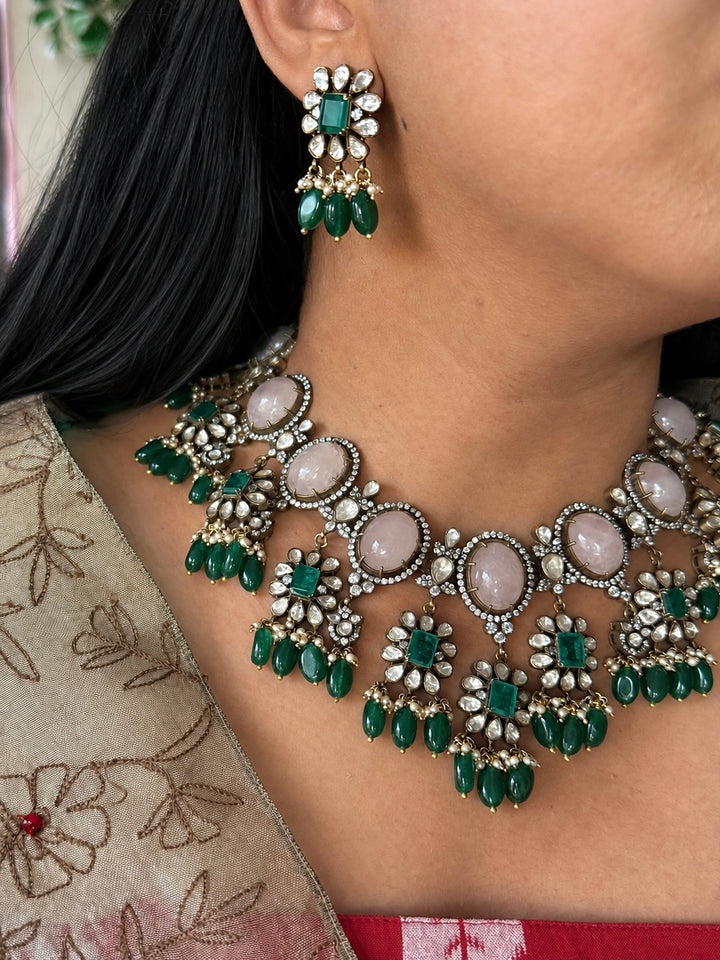 Handmade 925 Silver Polki Kundan Necklace Set | Rose Quartz & Emerald | SHIVKA