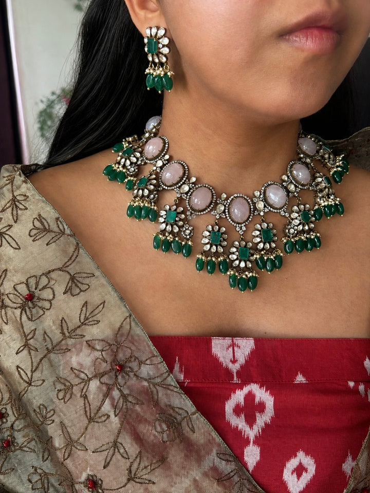 Handmade 925 Silver Polki Kundan Necklace Set | Rose Quartz & Emerald | SHIVKA