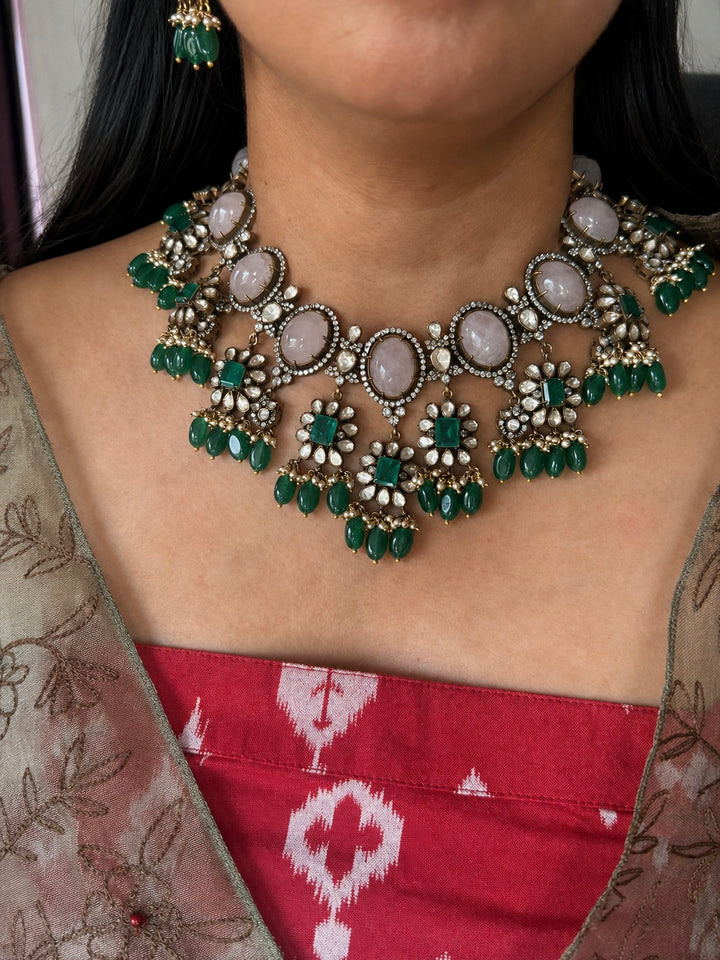 Handmade 925 Silver Polki Kundan Necklace Set | Rose Quartz & Emerald | SHIVKA