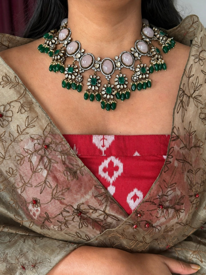 Handmade 925 Silver Polki Kundan Necklace Set | Rose Quartz & Emerald | SHIVKA