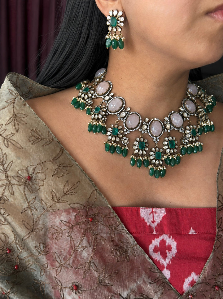 Handmade 925 Silver Polki Kundan Necklace Set | Rose Quartz & Emerald | SHIVKA