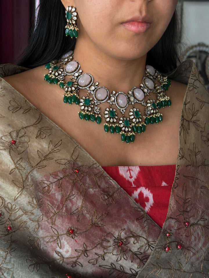 Handmade 925 Silver Polki Kundan Necklace Set | Rose Quartz & Emerald | SHIVKA