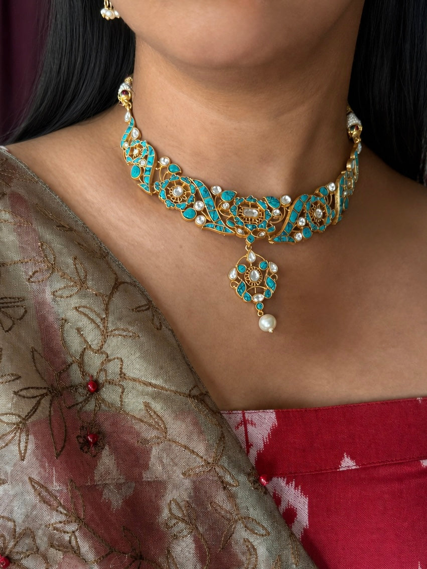 Handmade Jadau Turquoise Necklace Set | Brass Gold Polish | SHIVKA