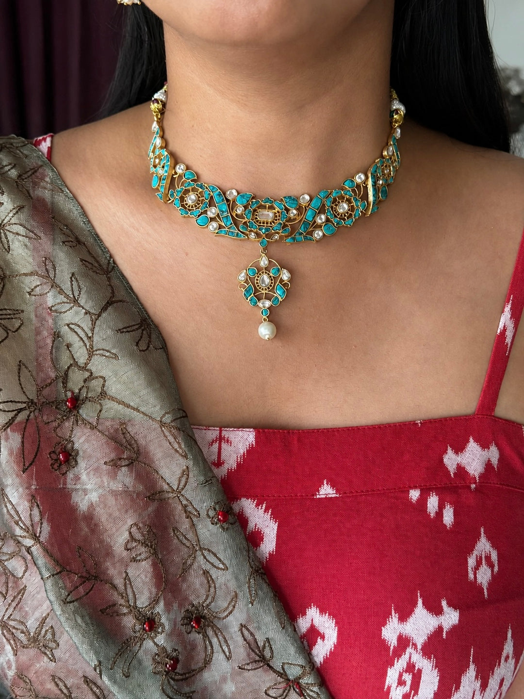 Handmade Jadau Turquoise Necklace Set | Brass Gold Polish | SHIVKA